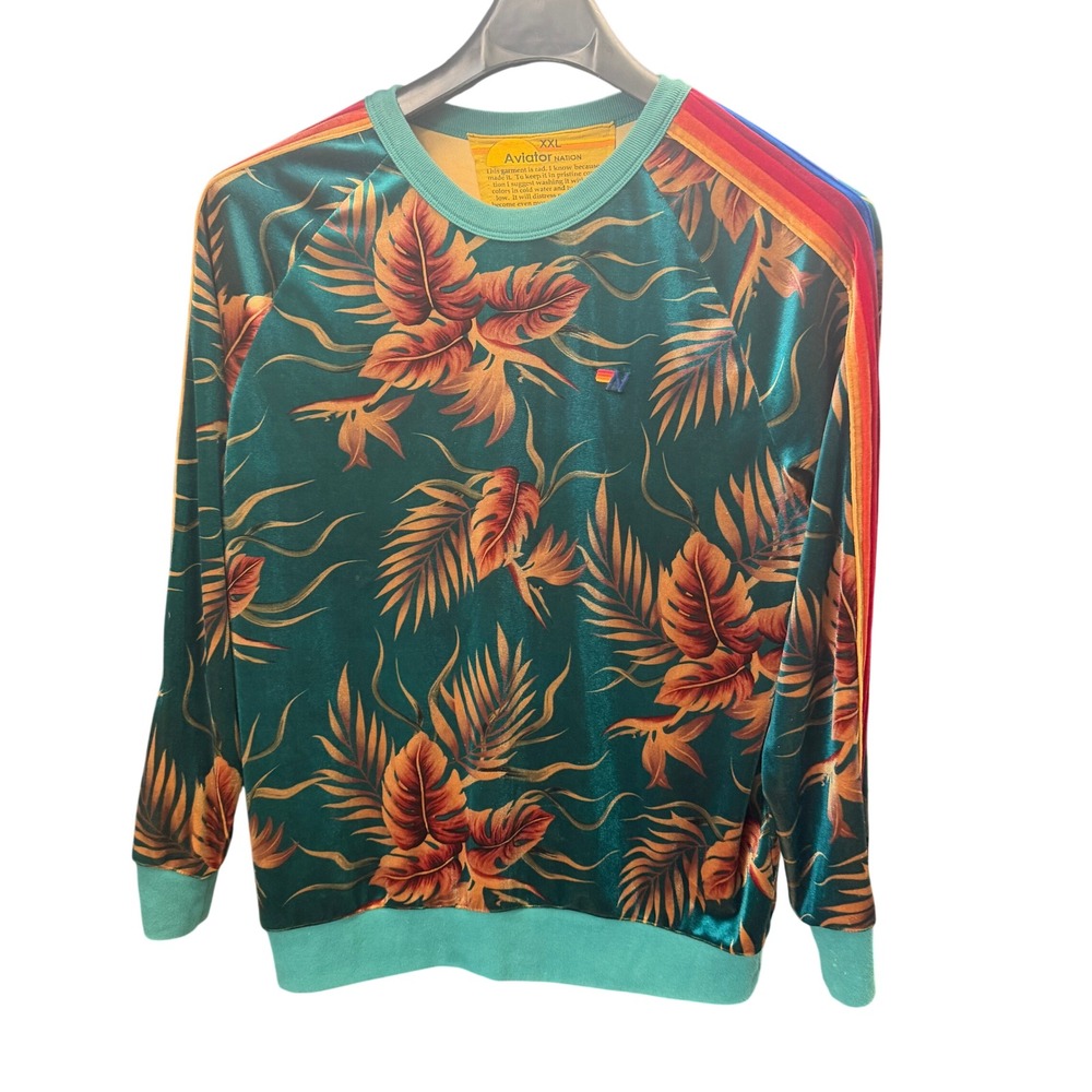 AVIATOR NATION Tropical Floral Velvet Rainbow‎ Stripe Sweatshirt XXL